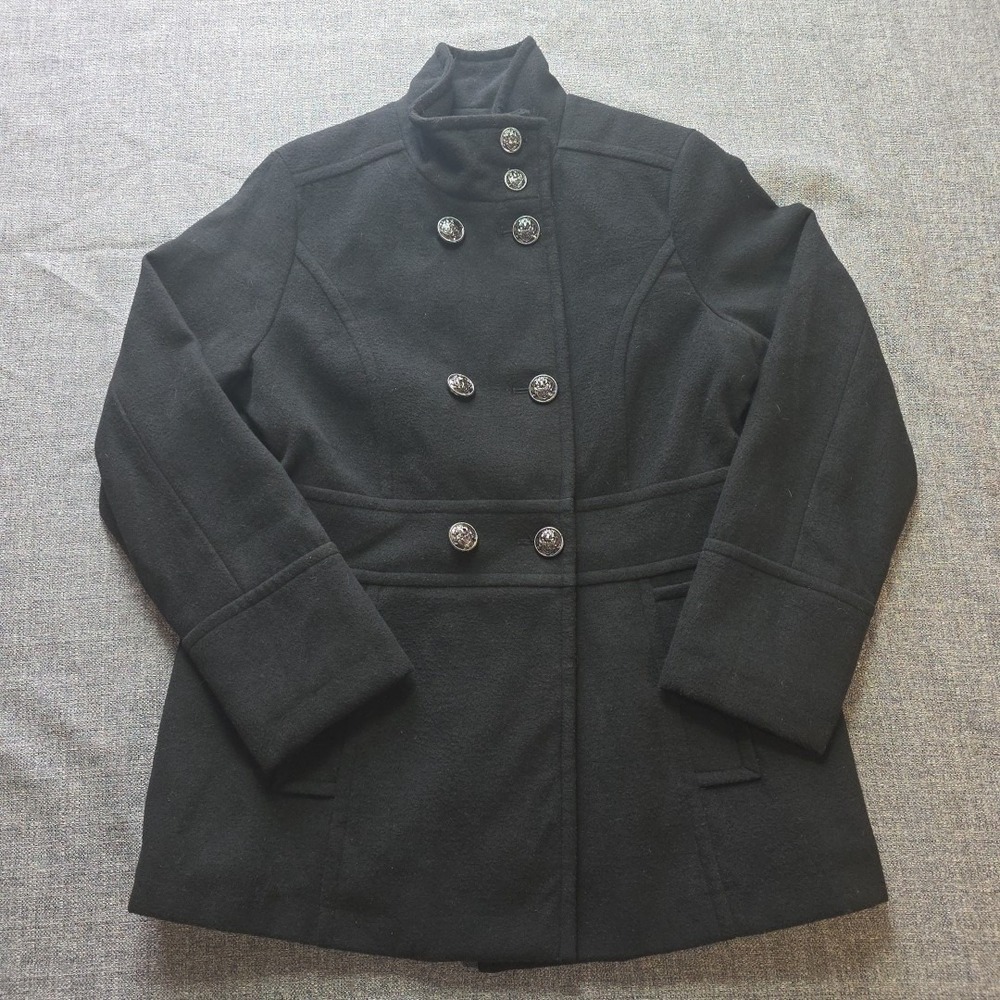 Liz‎ Claiborne Black Double-Breasted Pea Coat W/Pockets Sz Large